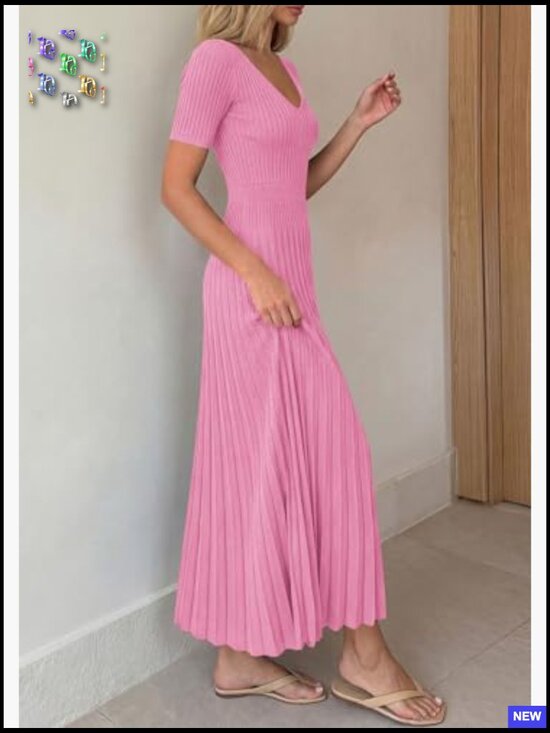 Ribbed Knit Midi Sweater Dress V-Neck A-Line Pleated Summer Casual - Picture 4 of 7